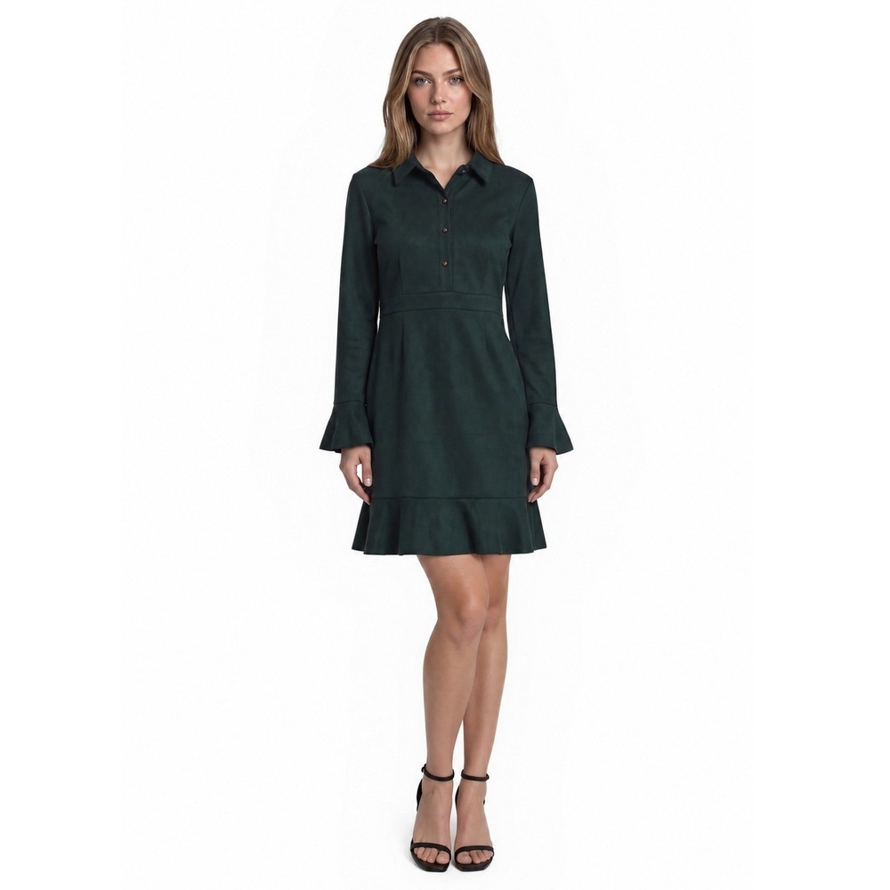 NEW Gracia Green Ultra Faux Suede Dress Women's Size Medium Bell Sleeve Ruffle